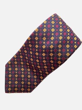 Dion Men's Silk Tie Burgundy Navy Blue Gold Geometric Diamond Italian Silk